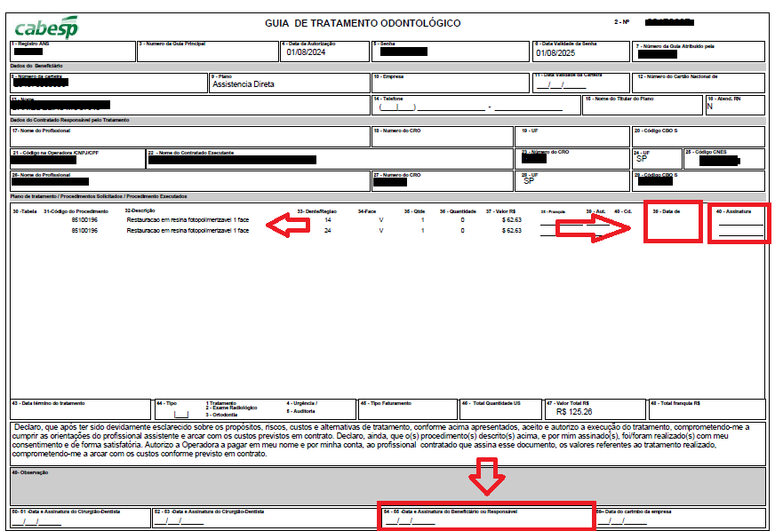 Exemplo de guia tratamento odontológico